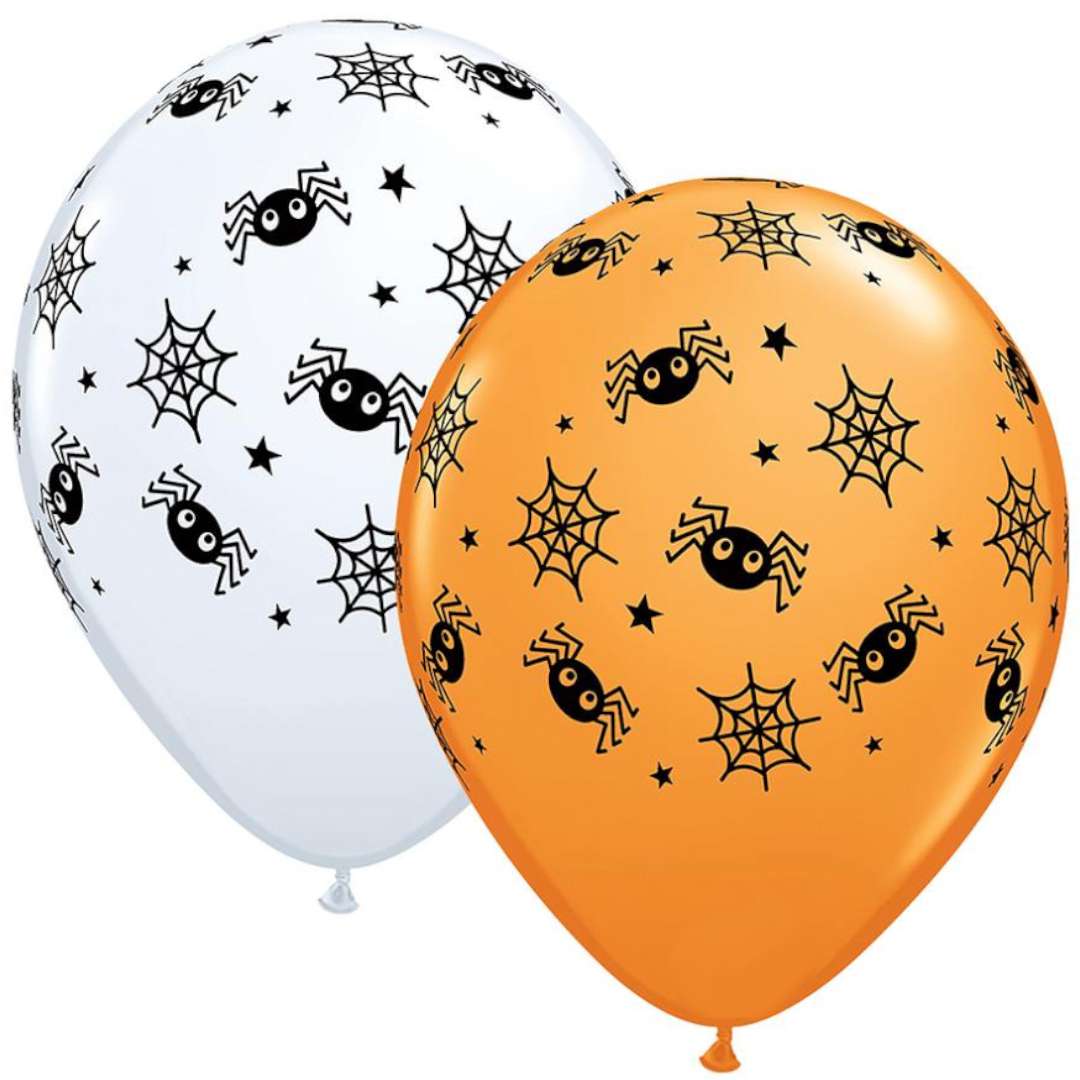 Balony Pająki i Pajęczyny - Halloween biało-pomarańczowy Qualatex 11 25 szt