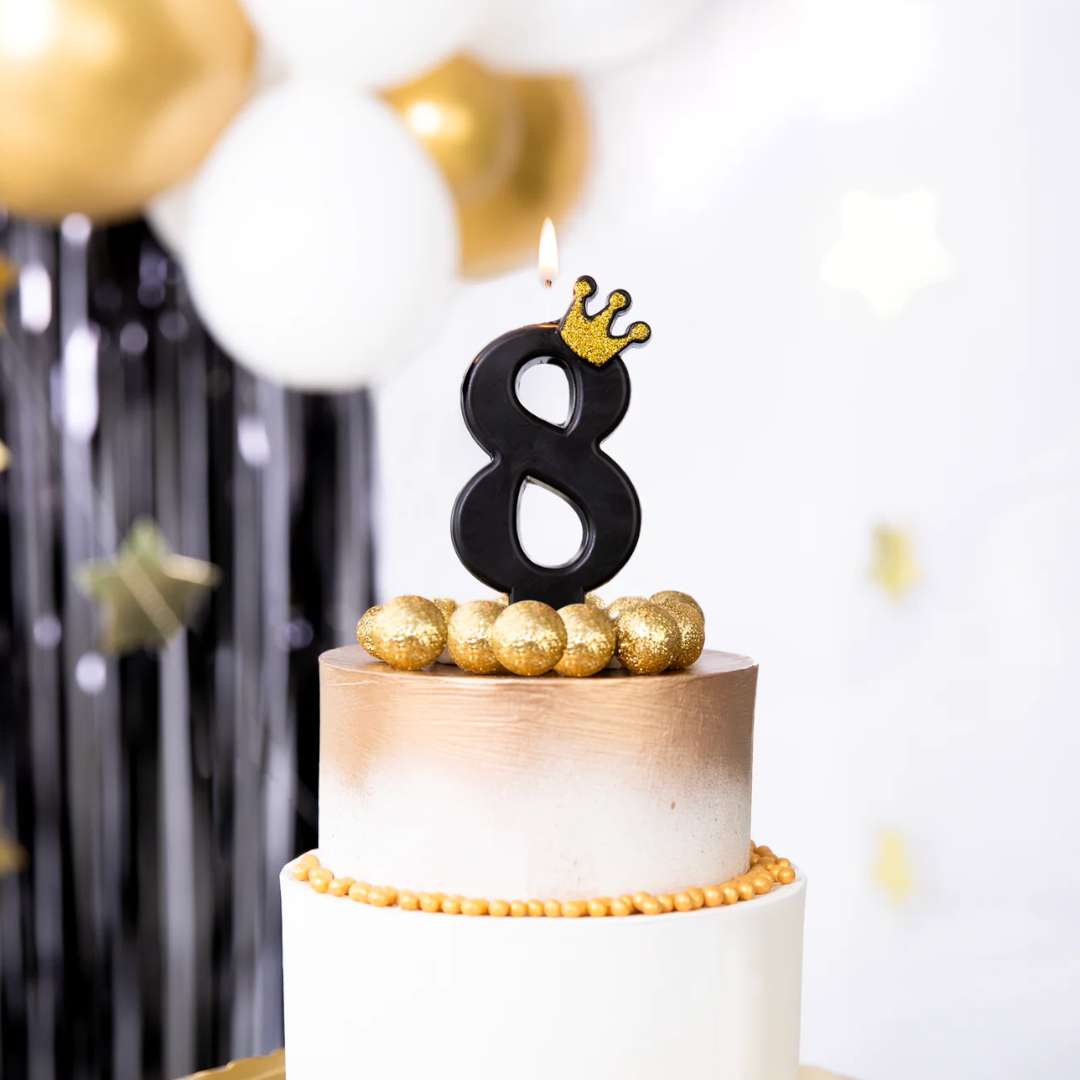 Świeczka na tort Cyfra 8 - Złota korona czarny PartyPal 88 cm