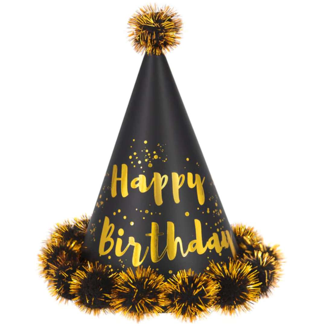 Czapeczka urodzinowa Happy Birthday - Opalizująca z pomponem i puchem złoty PartyPal 17 cm