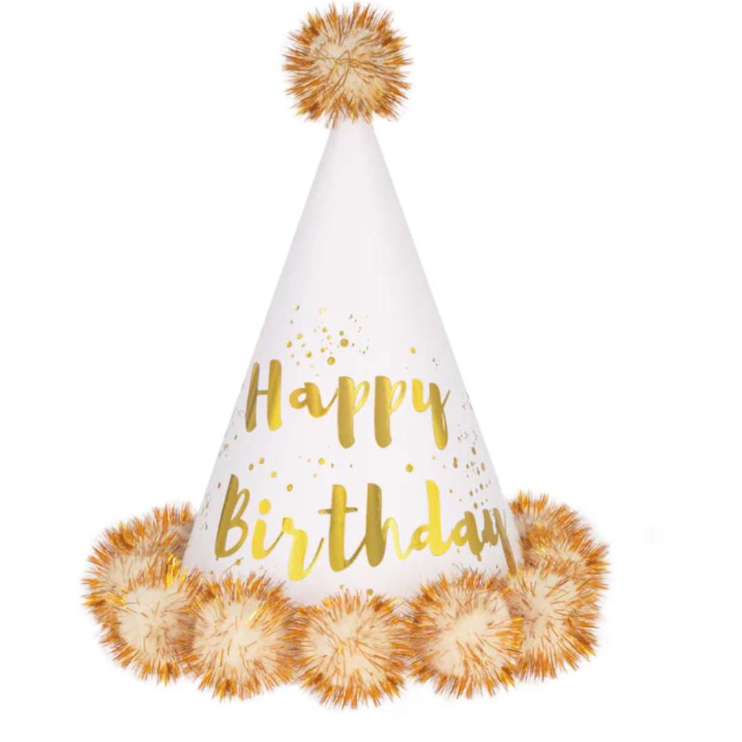 Czapeczka urodzinowa Happy Birthday - Opalizująca z pomponem i puchem ecru PartyPal 17 cm