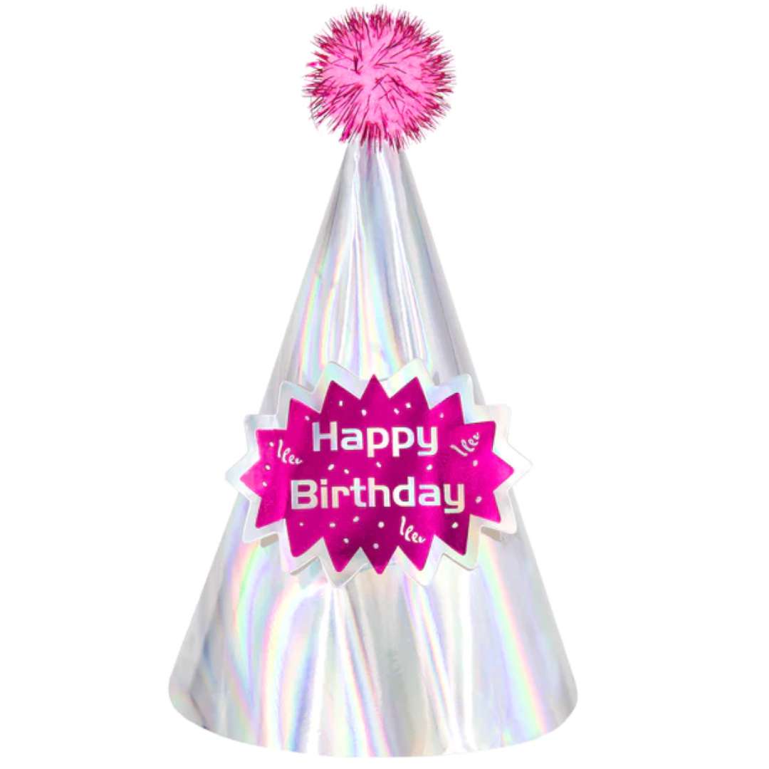 Czapeczka urodzinowa Happy Birthday - Opalizująca z pomponem srebrny PartyPal 17 cm