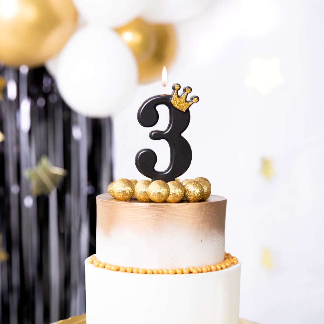 Świeczka na tort Cyfra 3 - Złota korona czarny PartyPal 88 cm