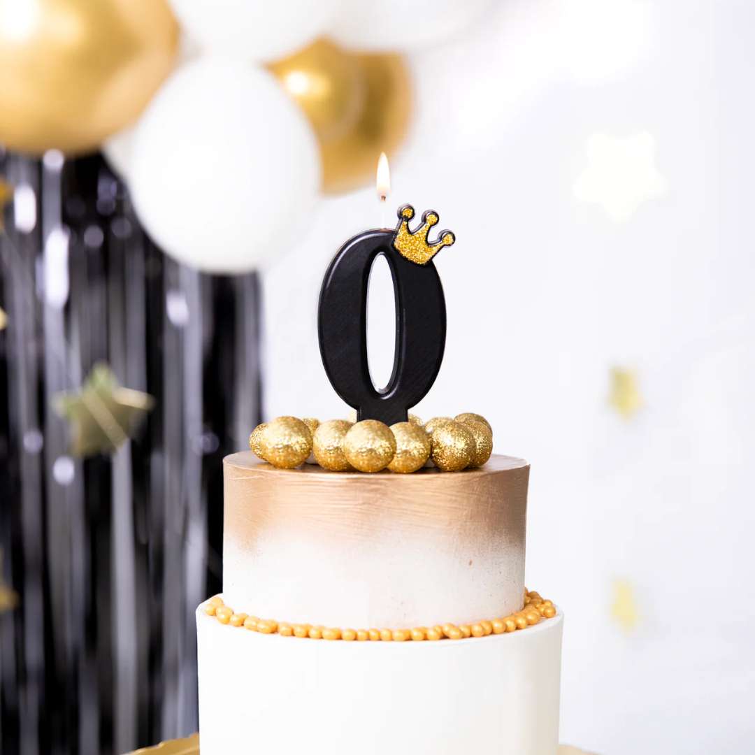 Świeczka na tort Cyfra 0 - Złota korona czarny PartyPal 88 cm