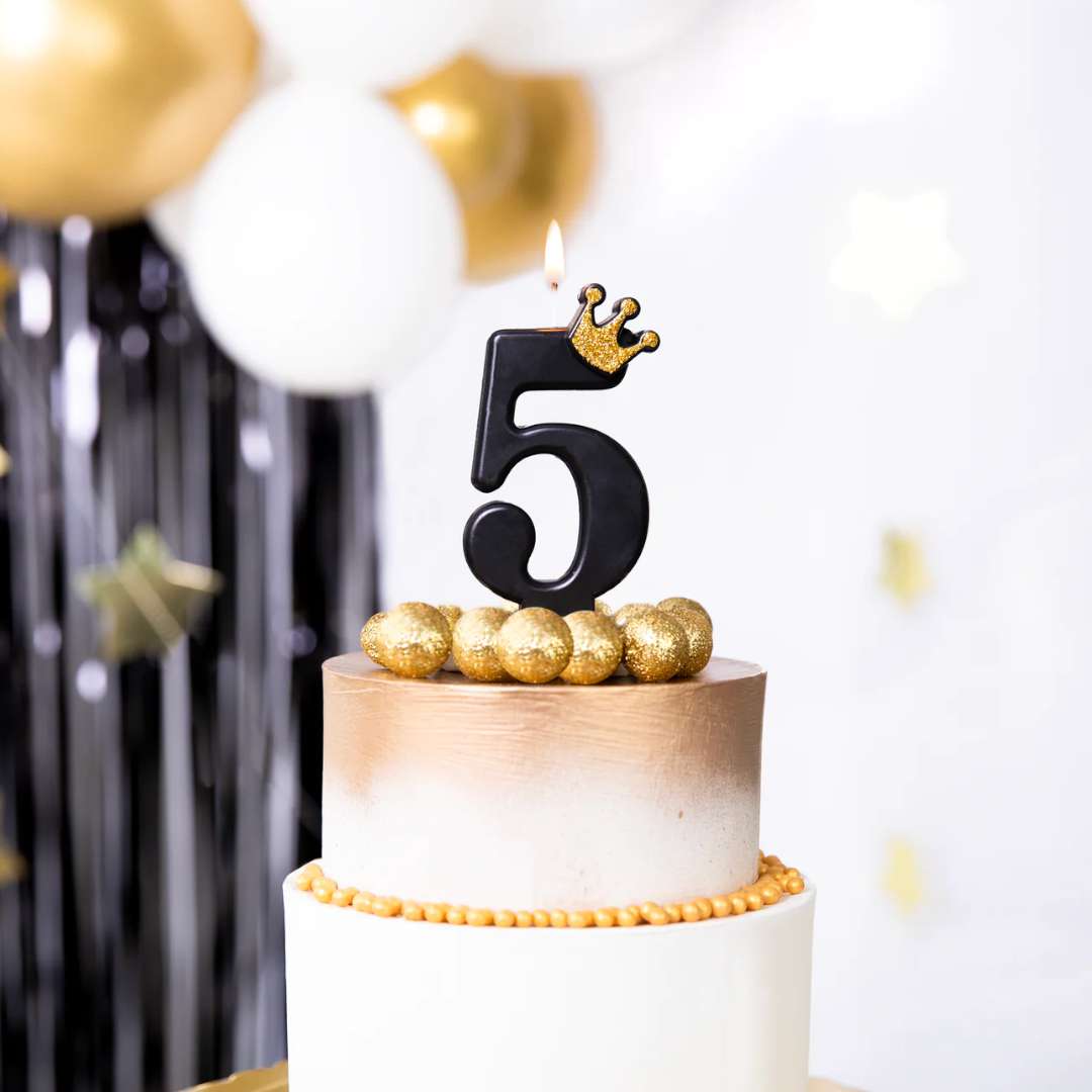 Świeczka na tort Cyfra 5 - Złota korona czarny PartyPal 88 cm