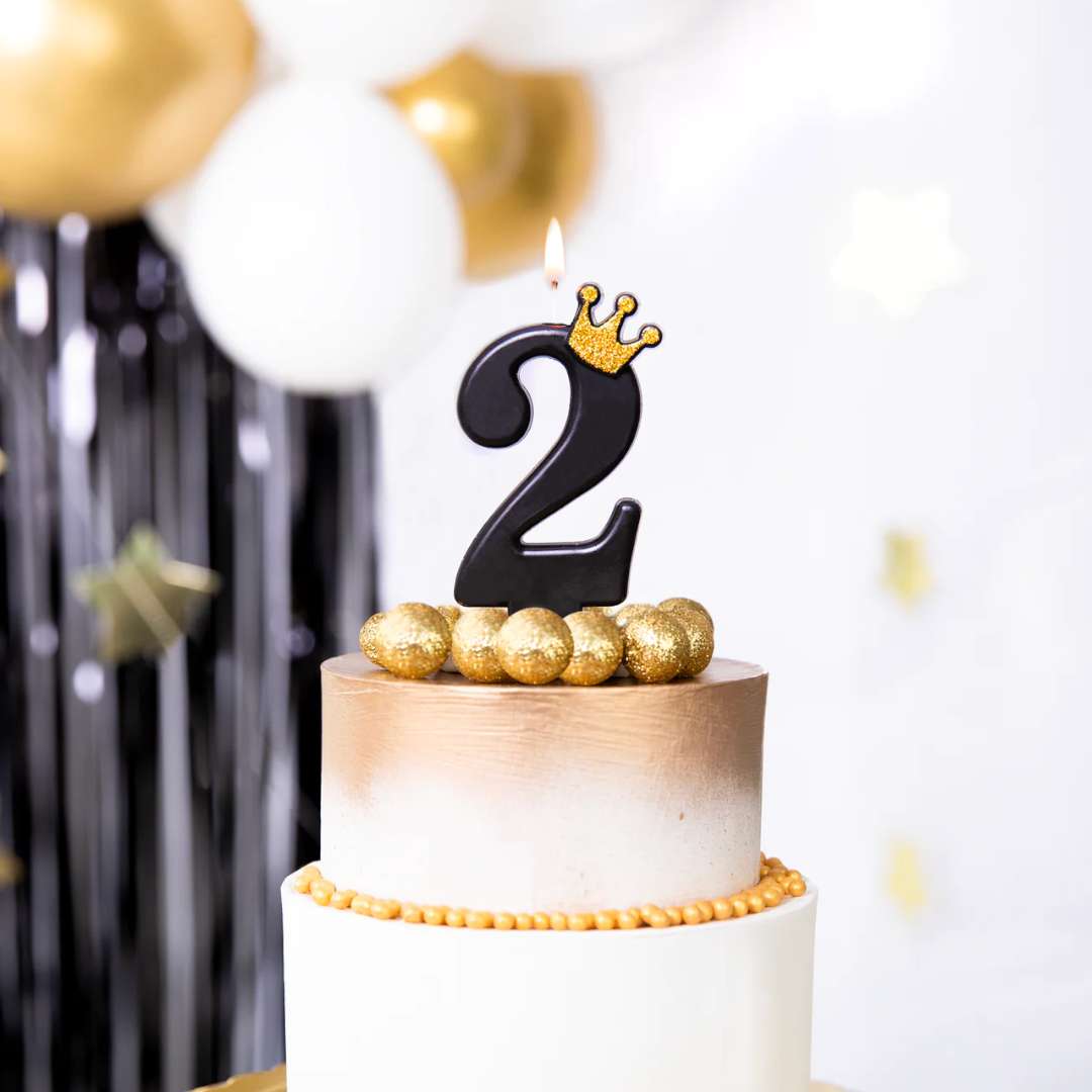 Świeczka na tort Cyfra 2 - Złota korona czarny PartyPal 88 cm