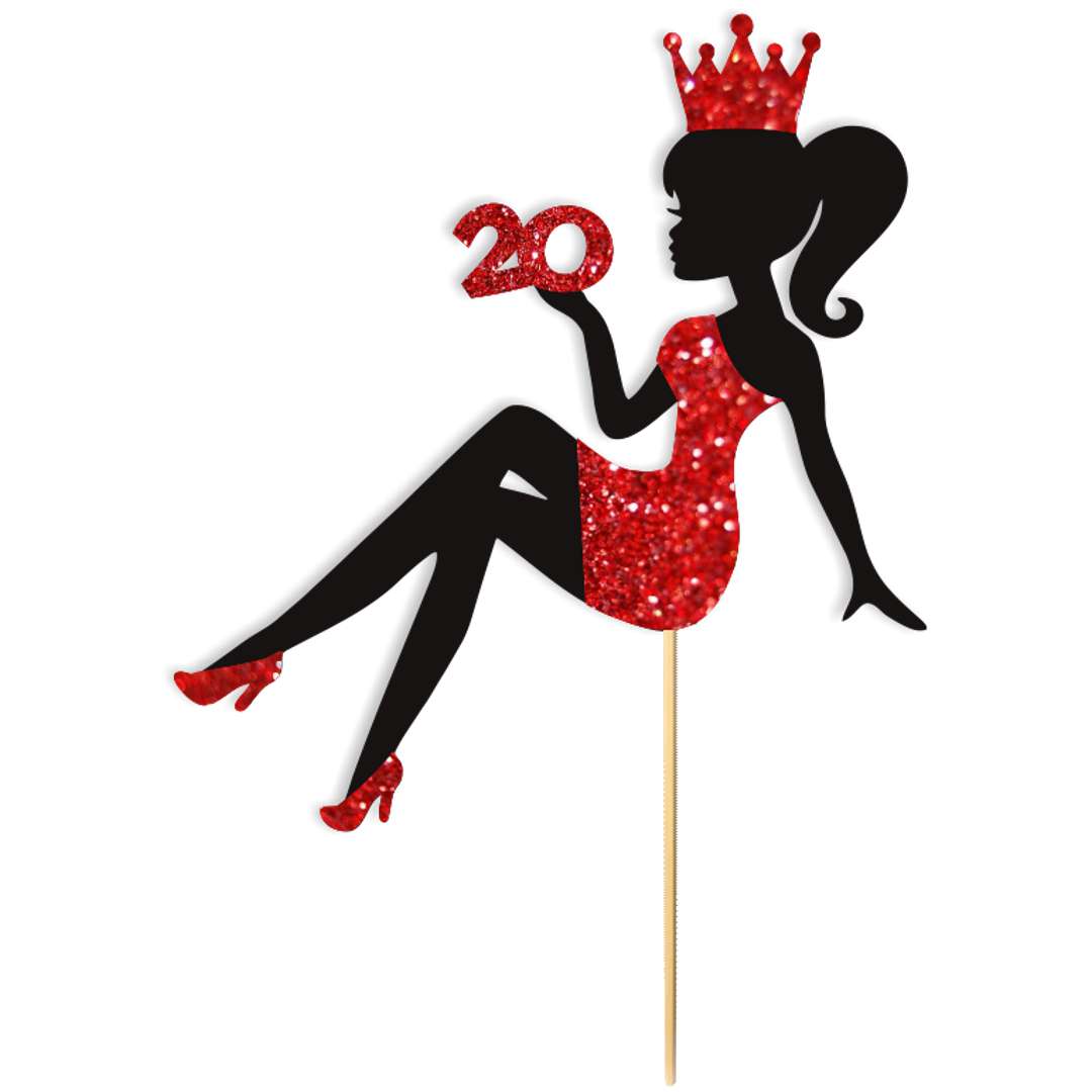 Topper papierowy 20 Urodziny - hot laska czarny czerwony brokat 14 x 19 cm