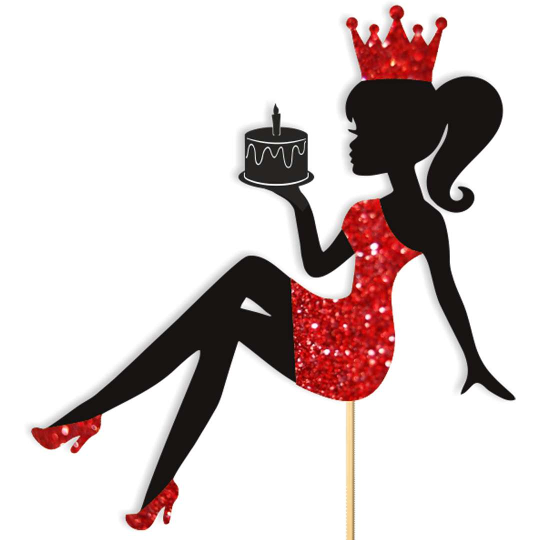 Topper papierowy Urodziny - hot laska z torcikiem czarny czerwony brokat 14 x 19 cm