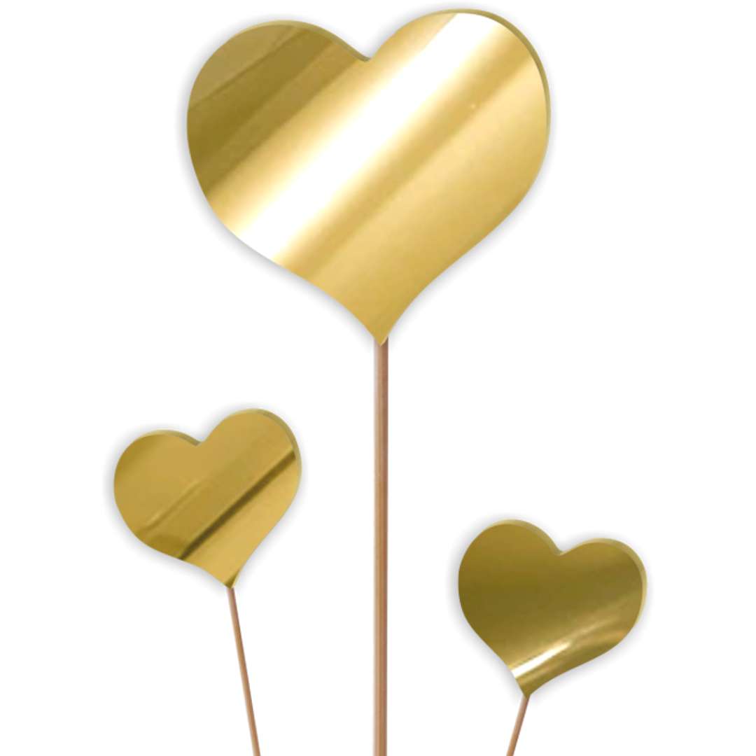 Pik ozdobny Trzy akrylowe serca złoty lustrzany 25 i 8 cm 3 szt