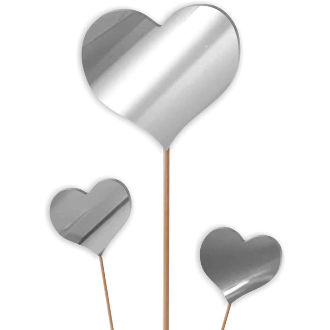 Pik ozdobny Trzy akrylowe serca srebrny lustrzany 25 i 8 cm 3 szt
