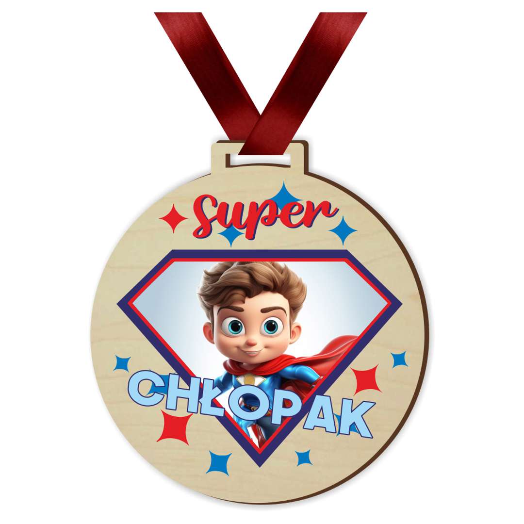 Medal drukowany Super Chłopak - bohater drewniany 72 mm