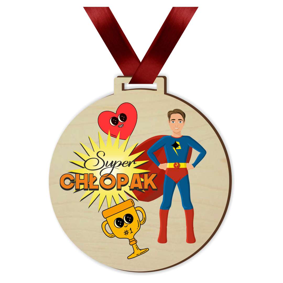 Medal drukowany Super Chłopak - puchar drewniany 72 mm