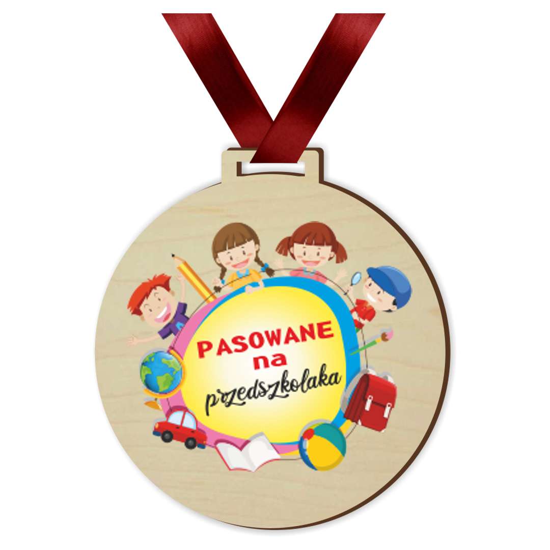 Medal drukowany Pasowania na przedszkolaka - dzieci drewniany 72 mm