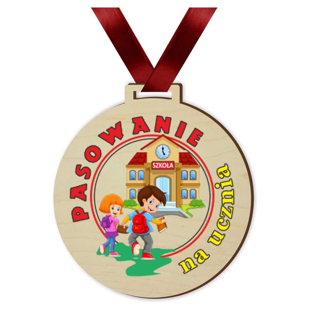 Medal drukowany Pasowania na ucznia - szkoła drewniany 72 mm