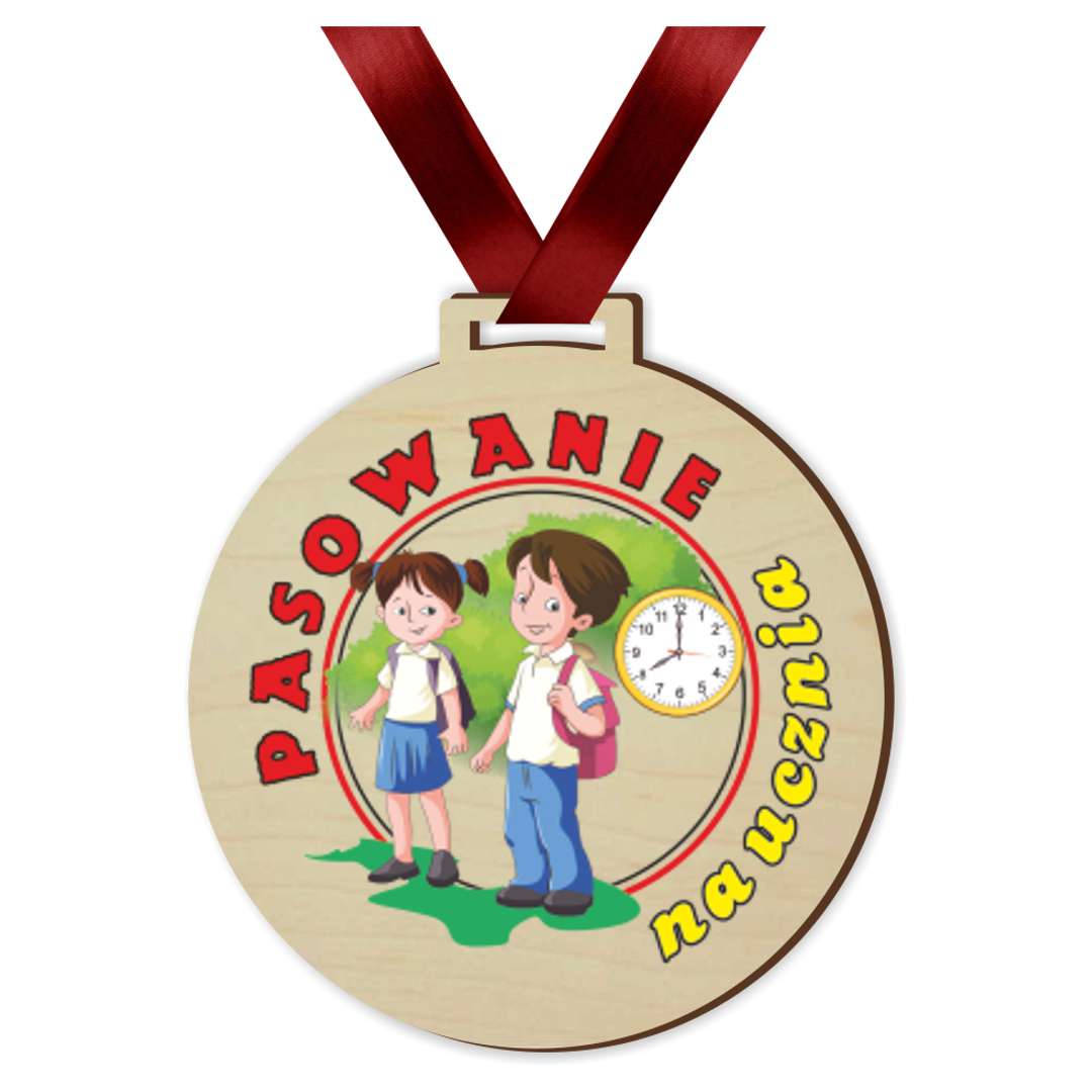 Medal drukowany Pasowania na ucznia - zegar drewniany 72 mm