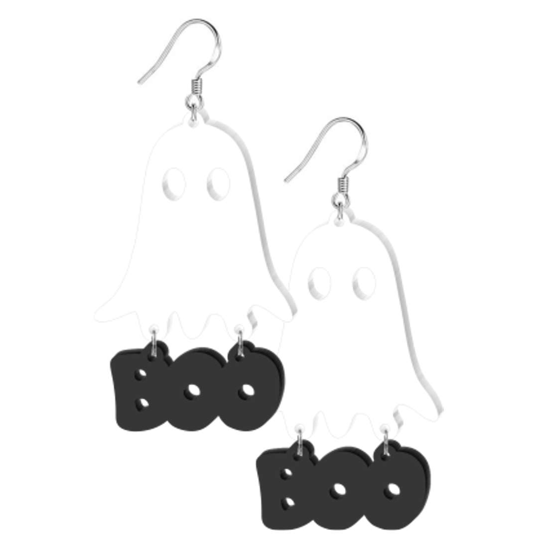 Kolczyki Duch z napisem BOO biało-czarne 40x66 mm