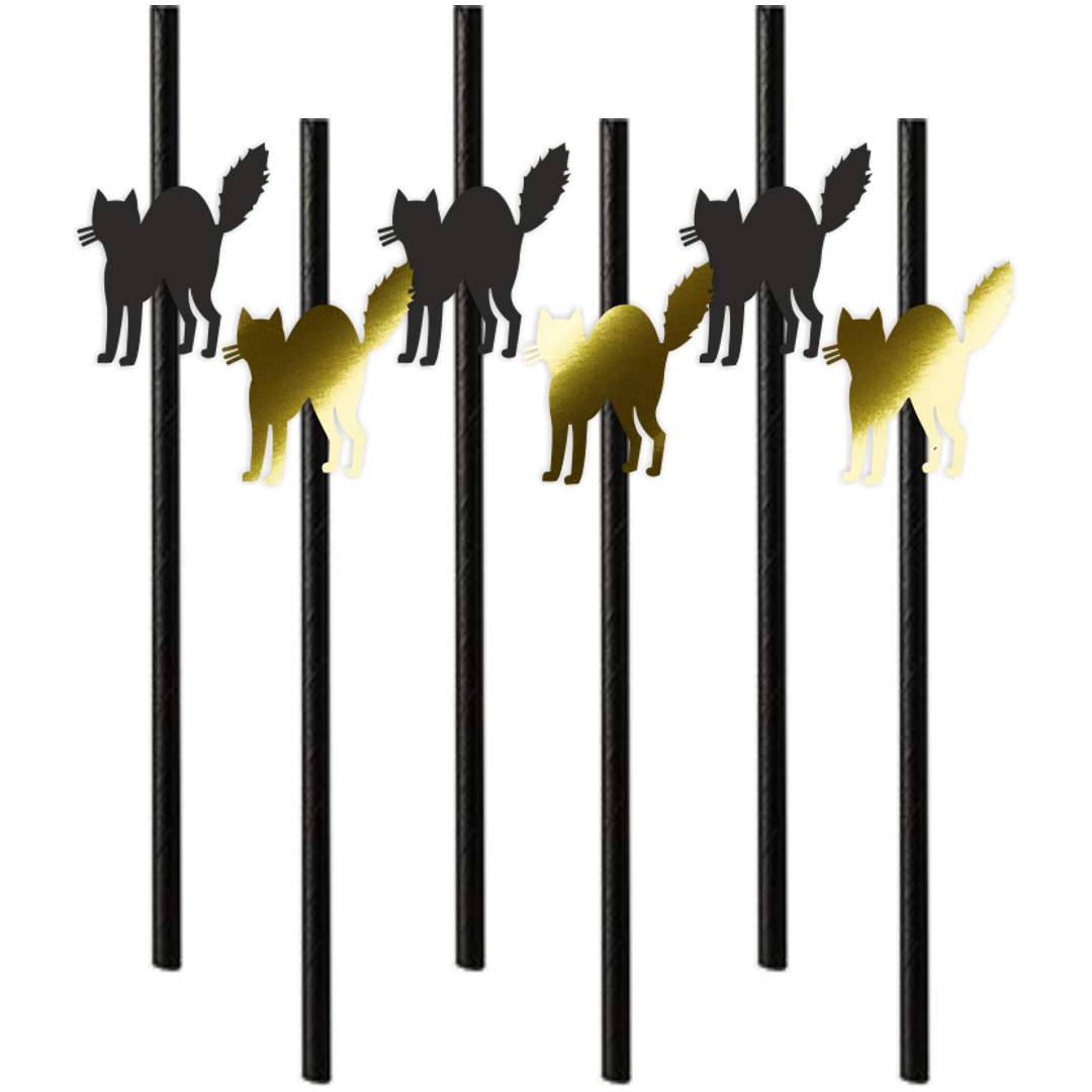 Słomki Halloween Koty złoto-czarne 195 cm 6 szt