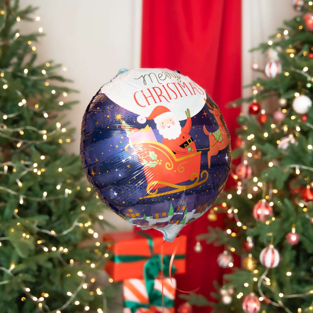 Balon foliowy Merry Christmas - Święty Mikołaj w saniach PartyPal 18 RND