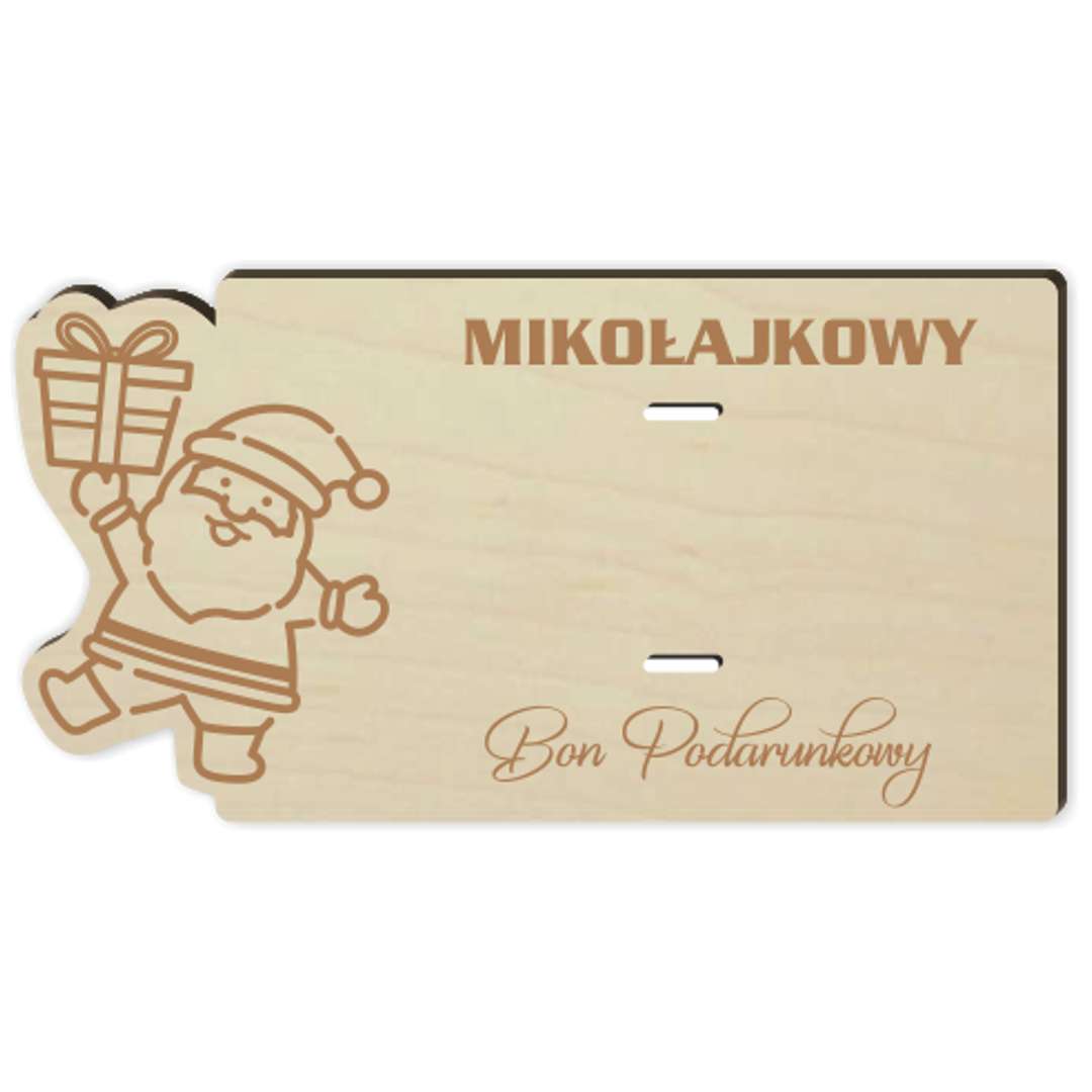Karnet Mikołajkowy bon podarunkowy drewniana 125x65 mm