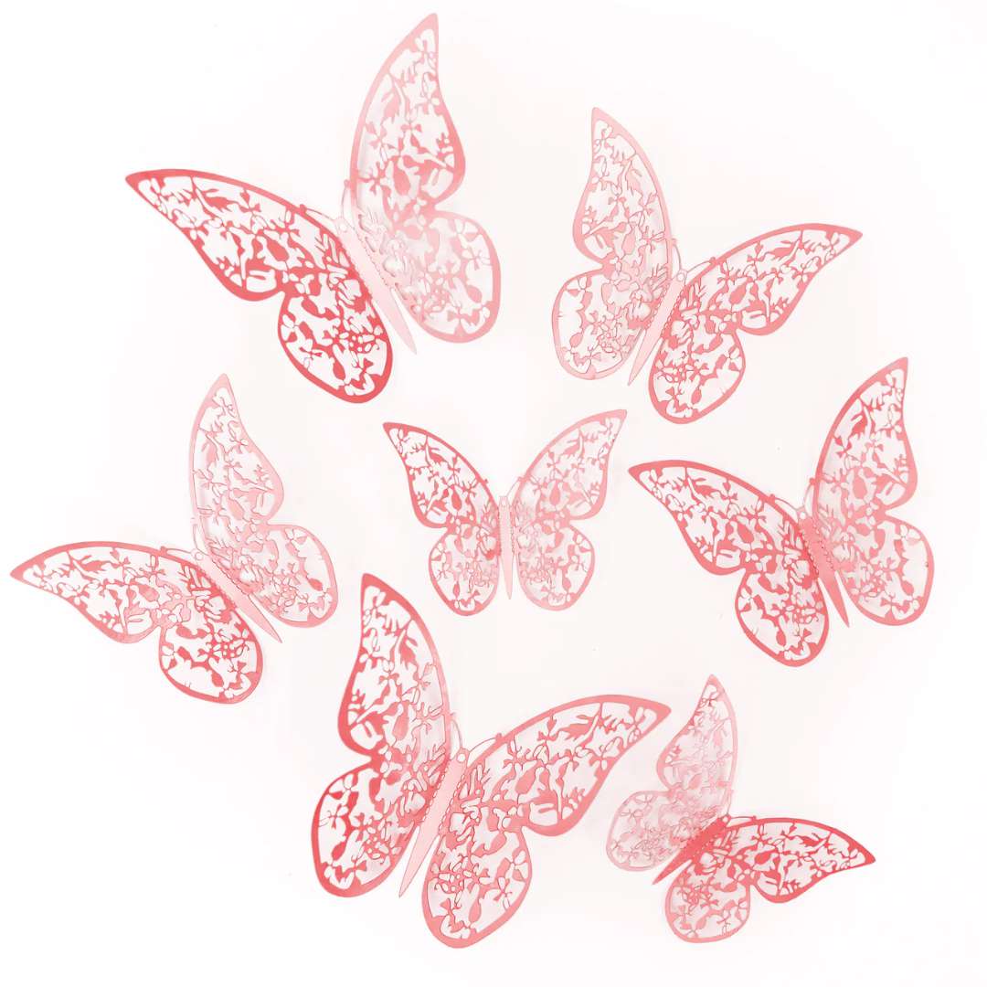 Dekoracja na ścianę Motylki 3D Koronkowe różowe złoto PartyPal 12 szt