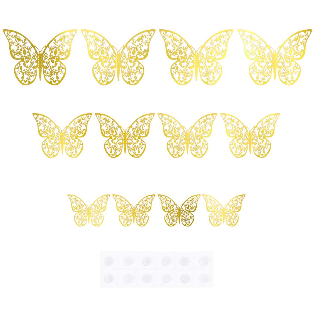 Dekoracja na ścianę Motylki 3D Koronkowe złoty PartyPal 12 szt