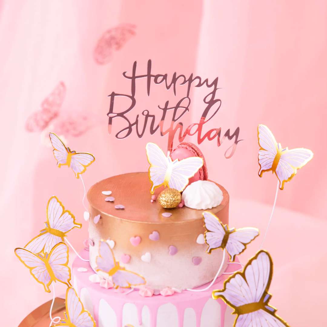 Topper z pleksy Happy Birthday różowe złoto lustrzany PartyPal 135 cm