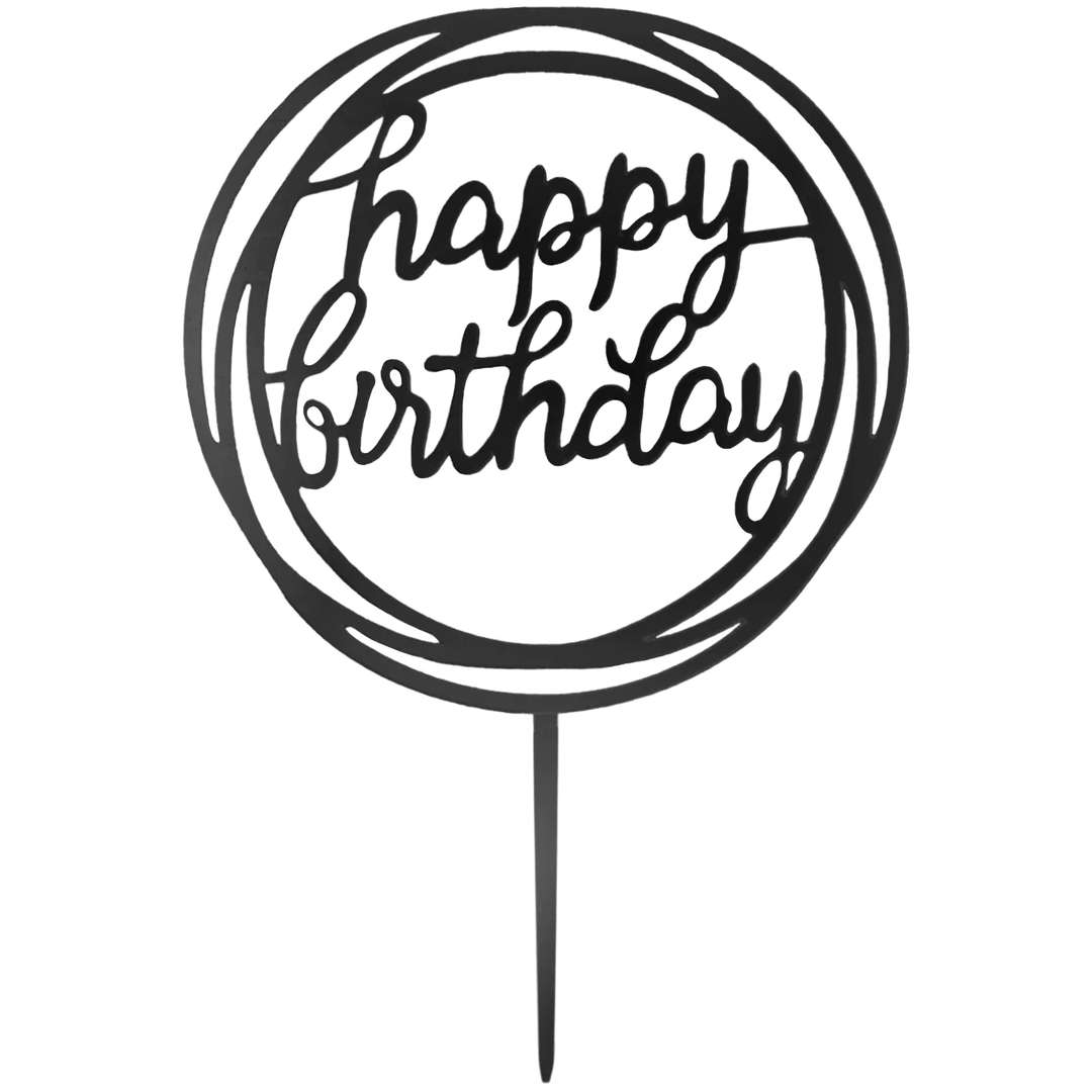 Topper z pleksy Happy Birthday - Okrągły czarny lustrzany PartyPal 17 cm