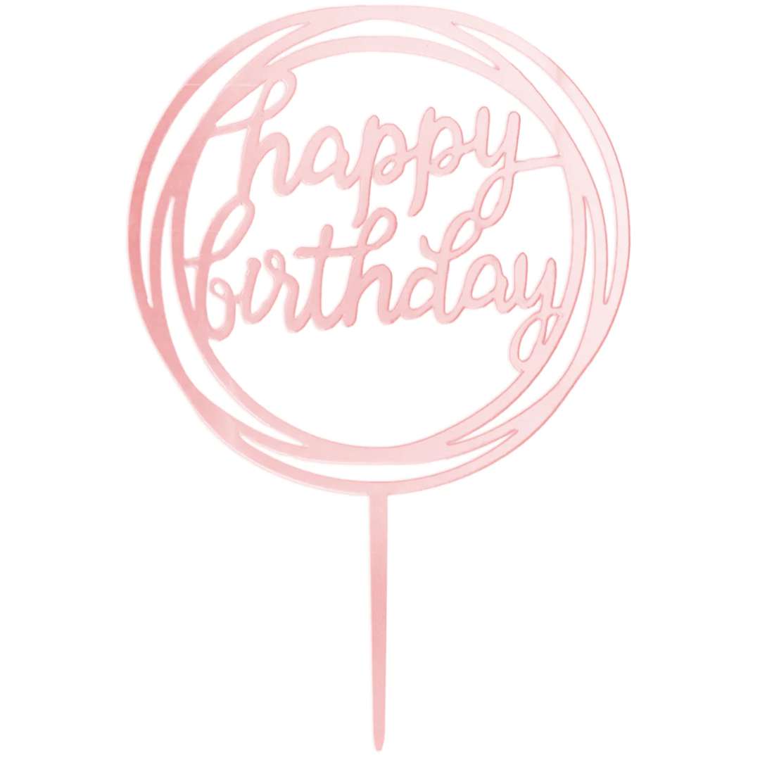 Topper z pleksy Happy Birthday - Okrągły różowe złoto lustrzany PartyPal 17 cm