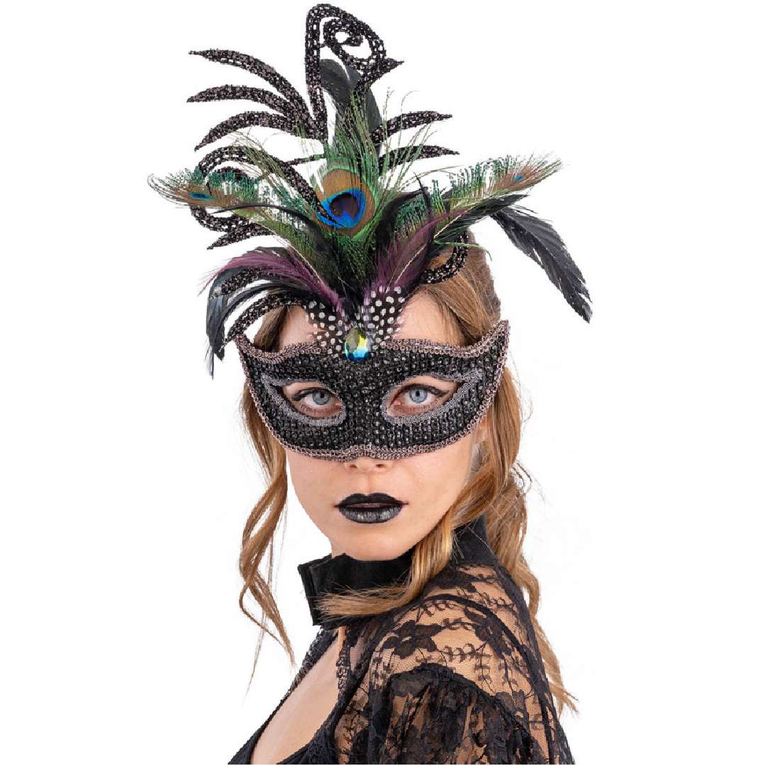 Maska karnawałowa Wenecka - Kryształki i pawie pióra czarny CarnivalToys