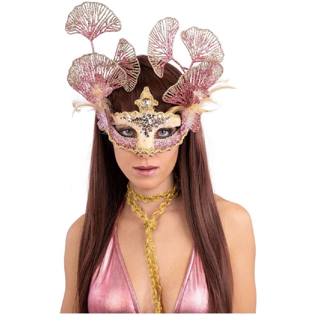 Maska karnawałowa Wenecka - Brokatowe kwiaty i pióra różowy CarnivalToys