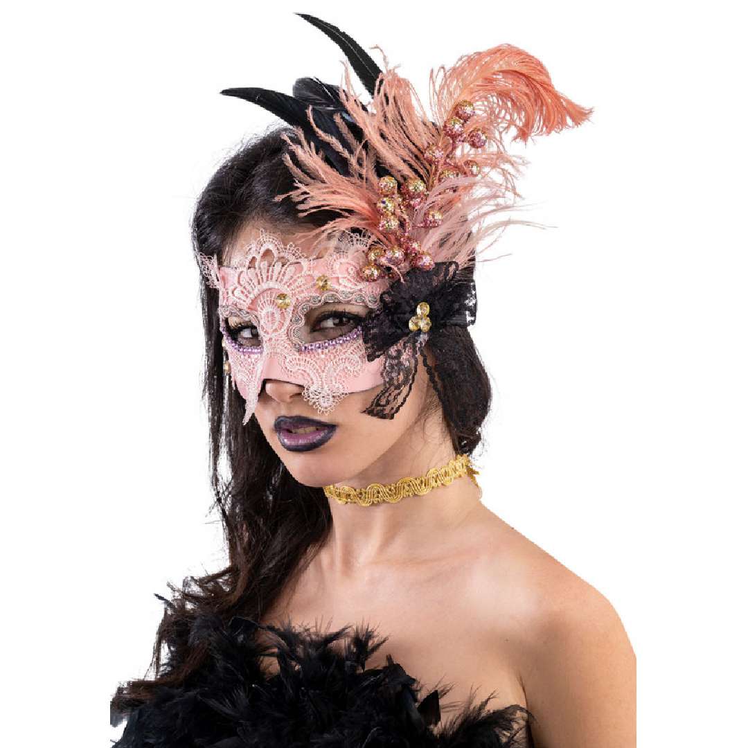 Maska karnawałowa Wenecka z koronką - Brokatowe dodatki i pióra różowy CarnivalToys