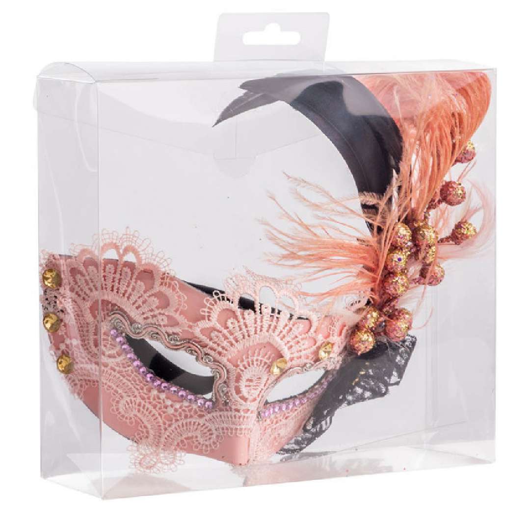 Maska karnawałowa Wenecka z koronką - Brokatowe dodatki i pióra różowy CarnivalToys
