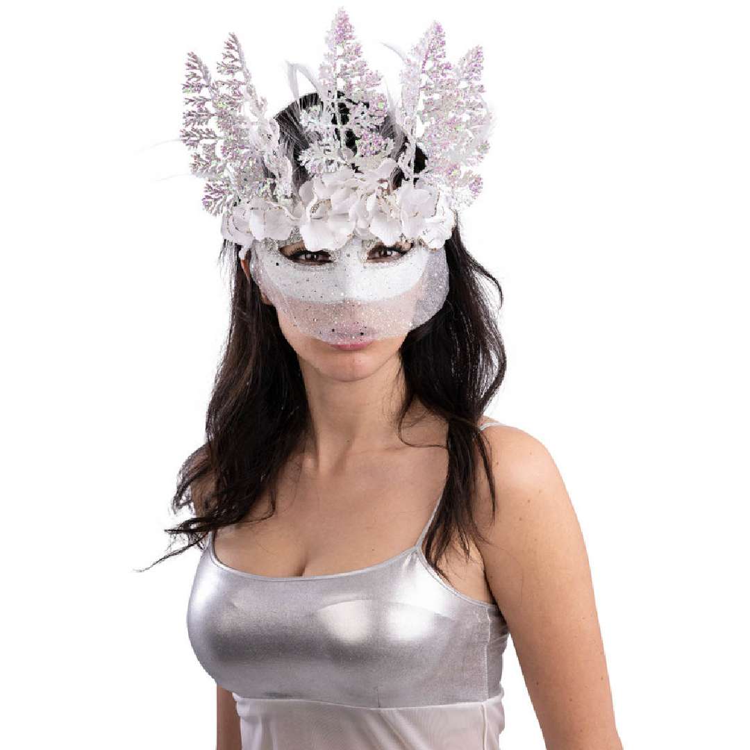 Maska karnawałowa Wenecka z welonem - kwiaty i pióra biały CarnivalToys