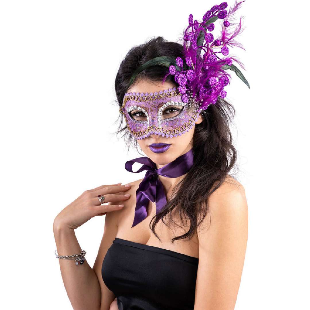 Maska karnawałowa Wenecka - Brokatowe dodatki i pióra fioletowy CarnivalToys