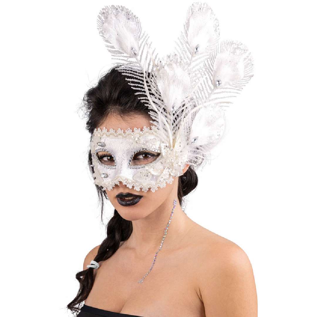 Maska karnawałowa Wenecka - Brokatowe kwiaty i pióra biały CarnivalToys