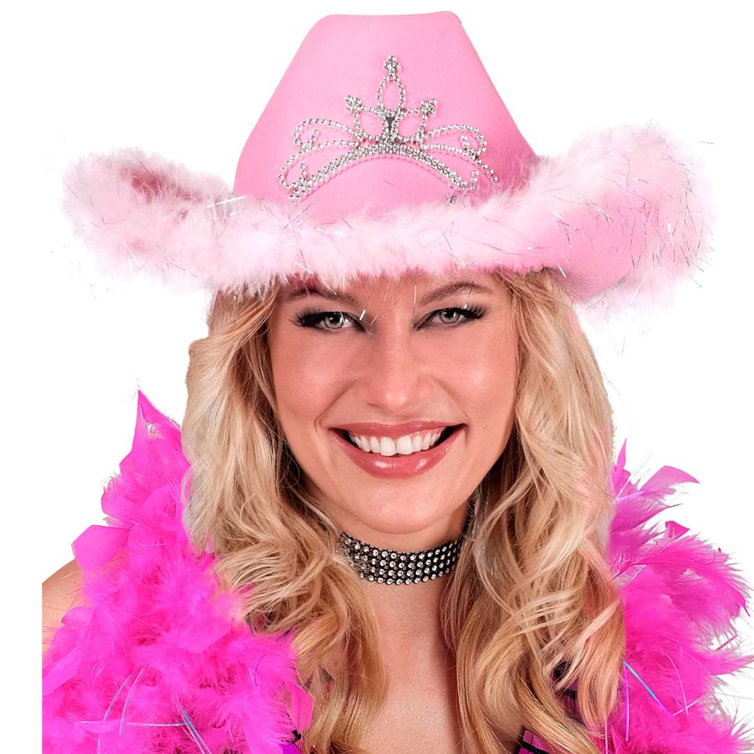 _xx_PINK COWGIRL HAT with tiara & marabou trim with silver tinsel - in felt