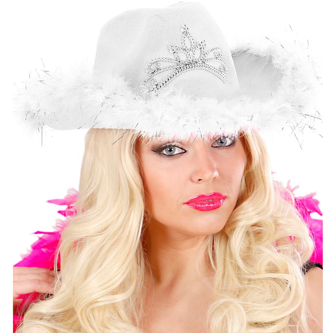 _xx_WHITE COWGIRL HAT with tiara & marabou trim with silver tinsel - in felt