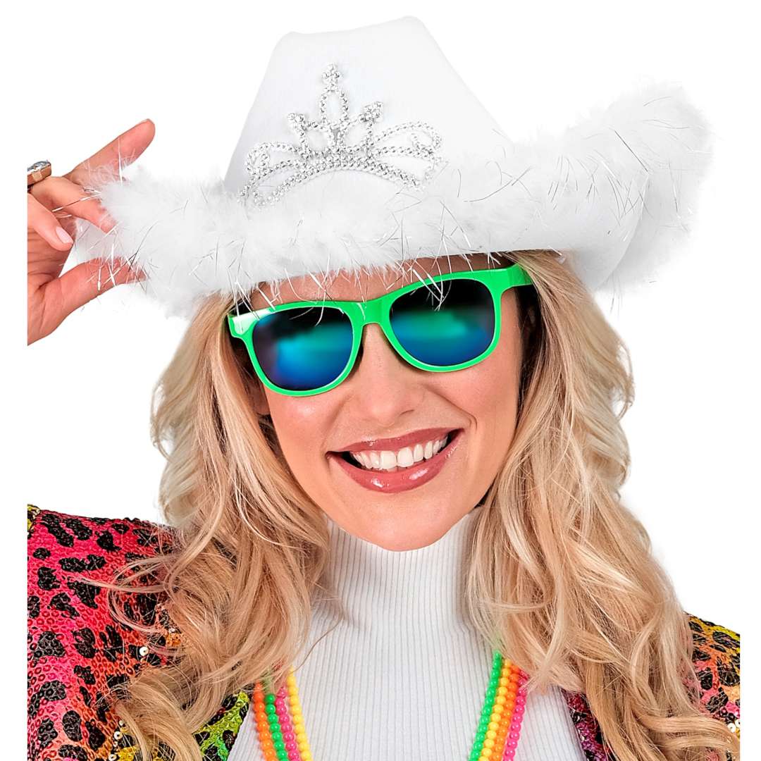 _xx_WHITE COWGIRL HAT with tiara & marabou trim with silver tinsel - in felt