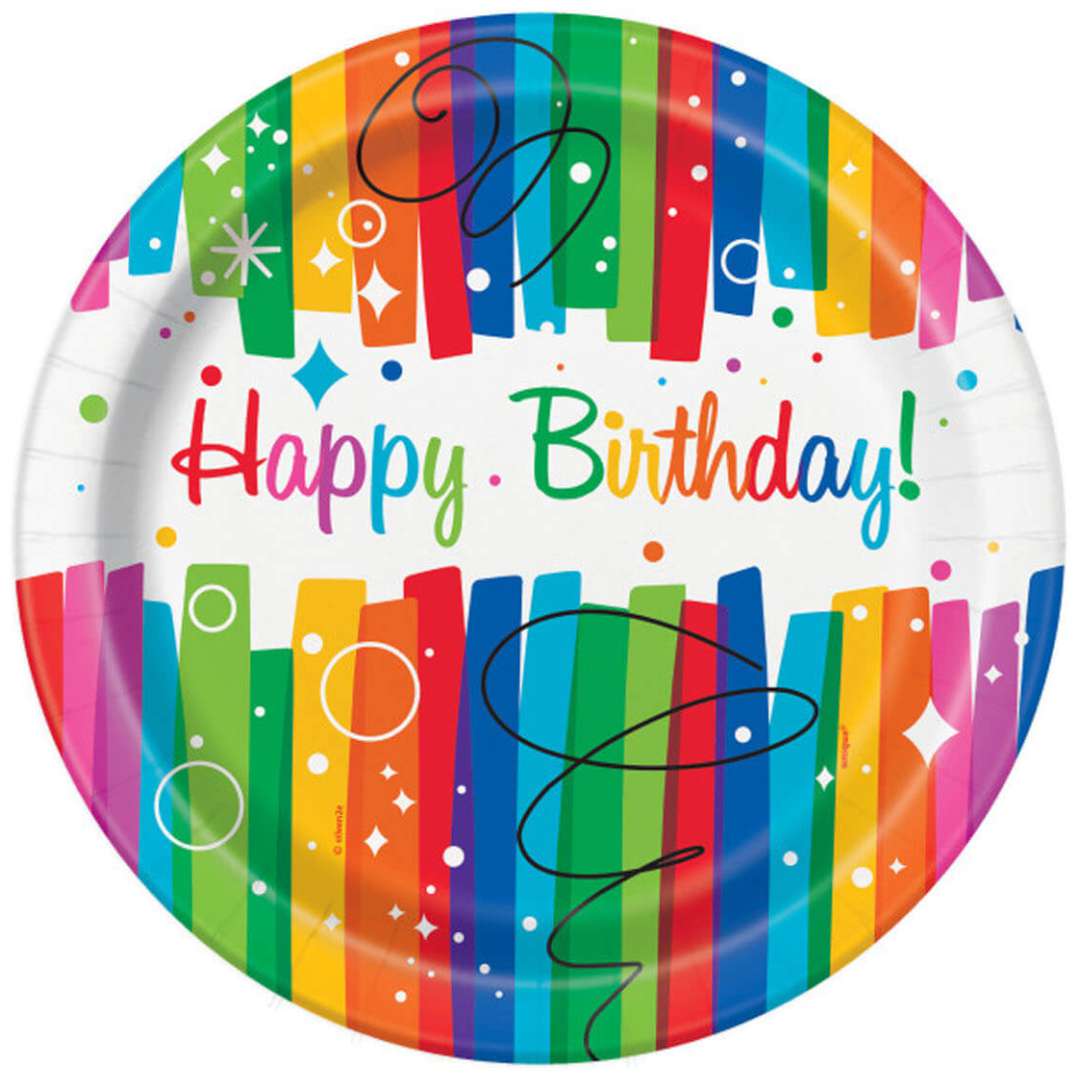 Talerzyki papierowe Happy Birthday Rainbow Unique 23 cm 8 szt