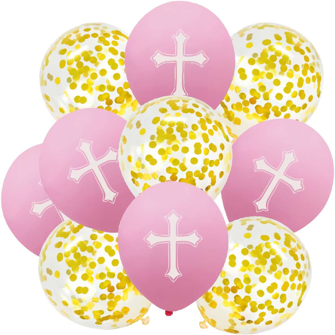 Balony Komunia święta - Krzyże i Konfetti różowy Jix 12 10 szt