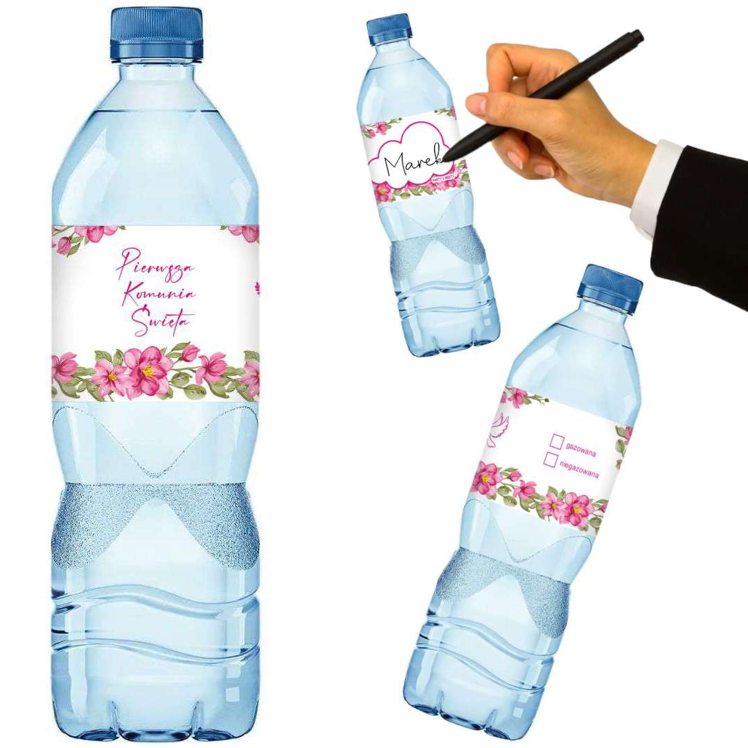 Etykiety na wodę mineralną Komunia Święta - Różowe Serce 45x225 mm 3 szt